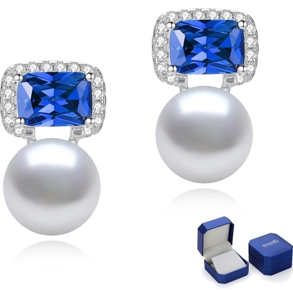 5A Blue Cubic Zirconia Real Cultured Pearls Earrings 925 Sterling Silver - Picture 2 of 6